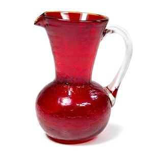 VTG Pilgrim Ruby Red Crackle Glass Pitcher Clear Handle Mini Hand Blown 3.75"